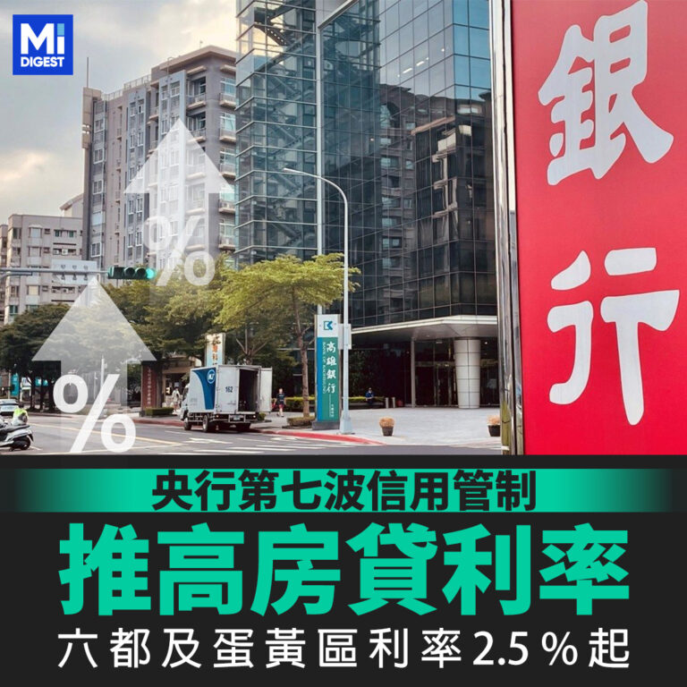 央行第七波信用管制推高房貸利率 六都及蛋黃區利率2.5%起